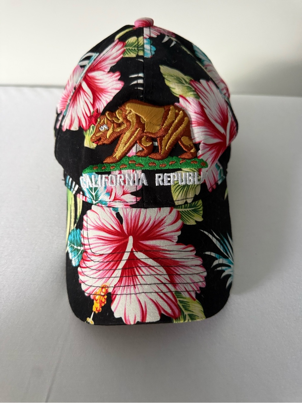 California Republic Floral Baseball Cap - Black with Pink Hibiscus